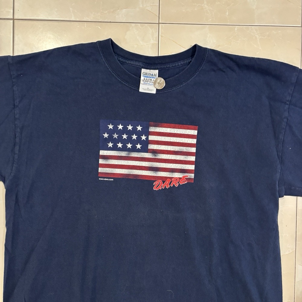 Vintage DARE T Shirt American Flag Men's XL Navy Y2K Skate Grunge Punk